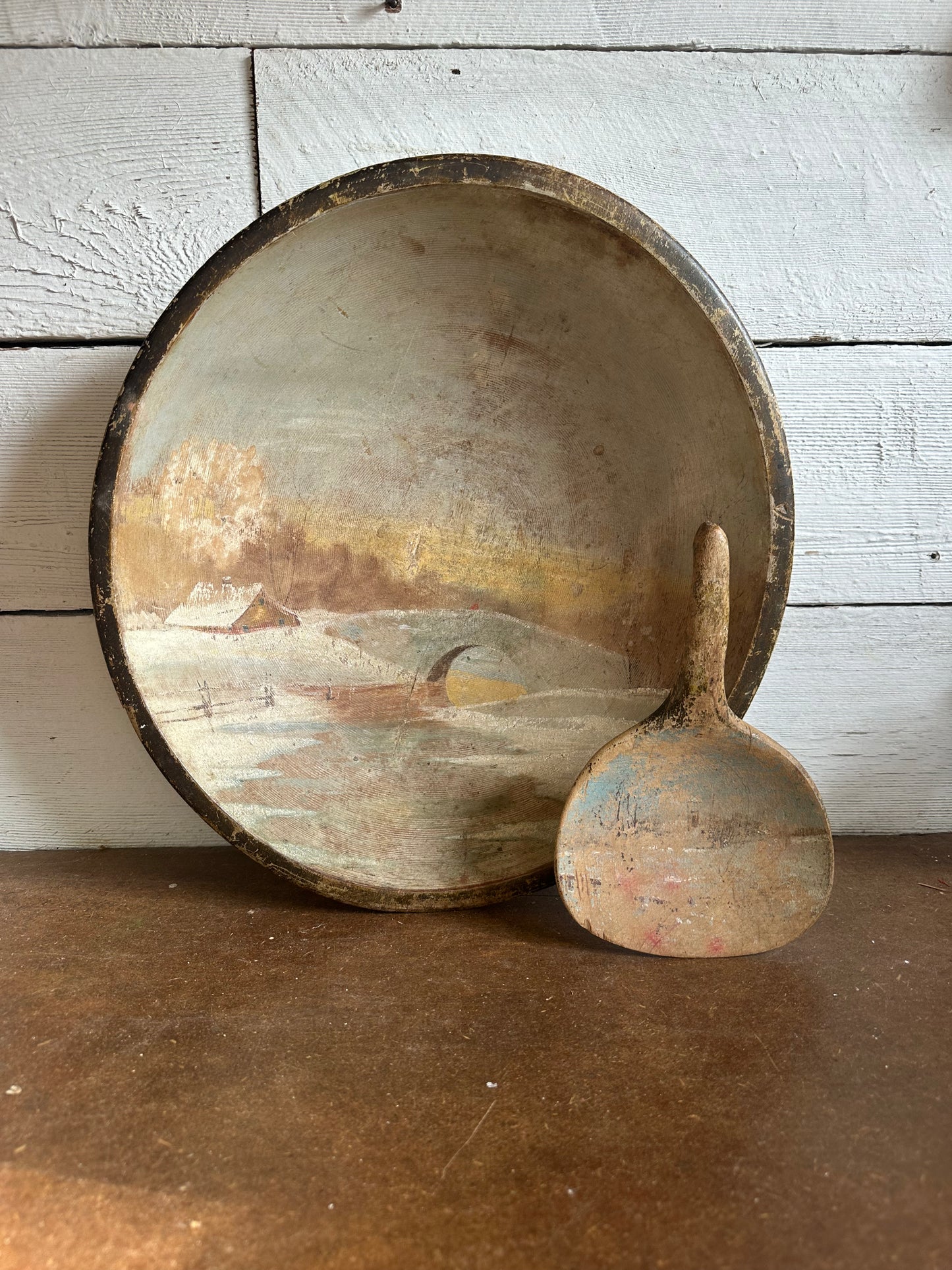 Old Wood Bowl with Painted Winter Scene
