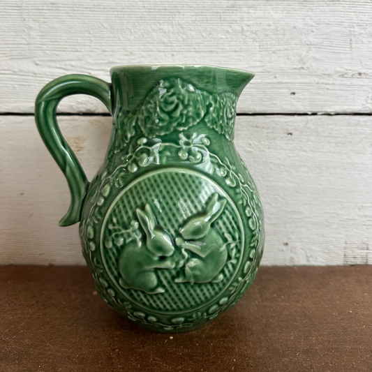 Green Stoneware Pitcher w/Rabbits