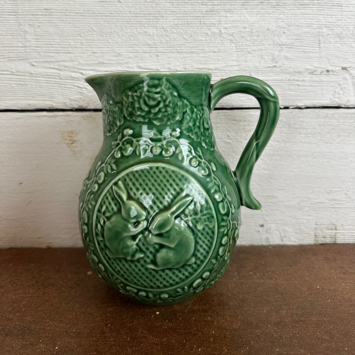 Green Stoneware Pitcher w/Rabbits
