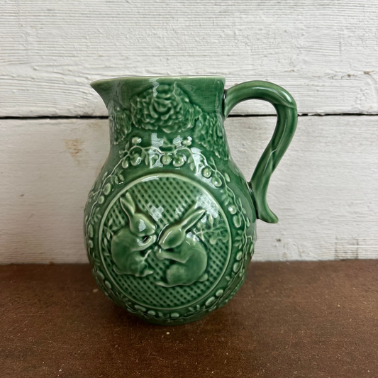 Green Stoneware Pitcher w/Rabbits