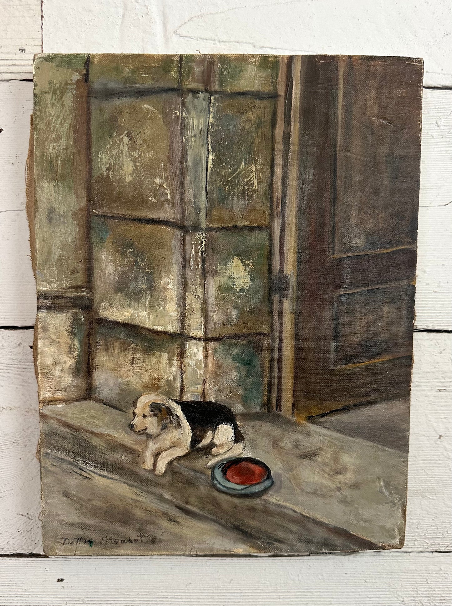Canvas Painting with Dog In Doorway