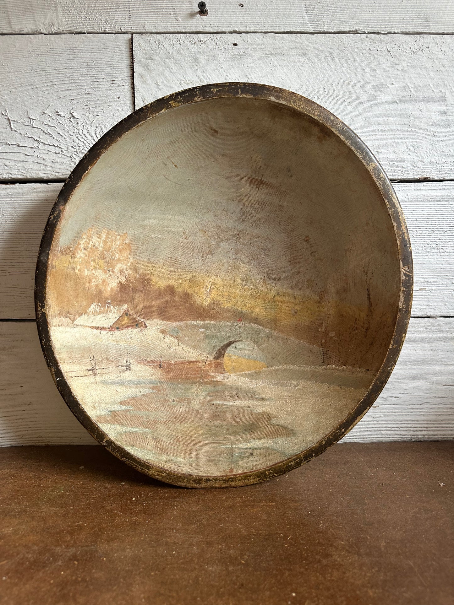 Old Wood Bowl with Painted Winter Scene