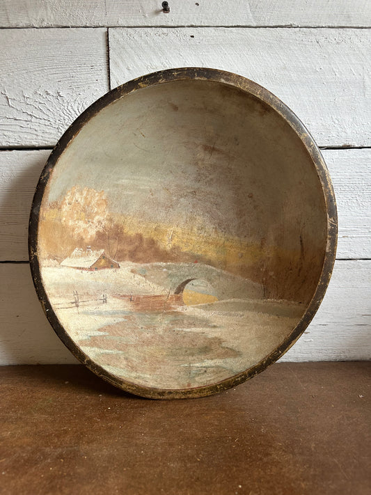 Old Wood Bowl with Painted Winter Scene