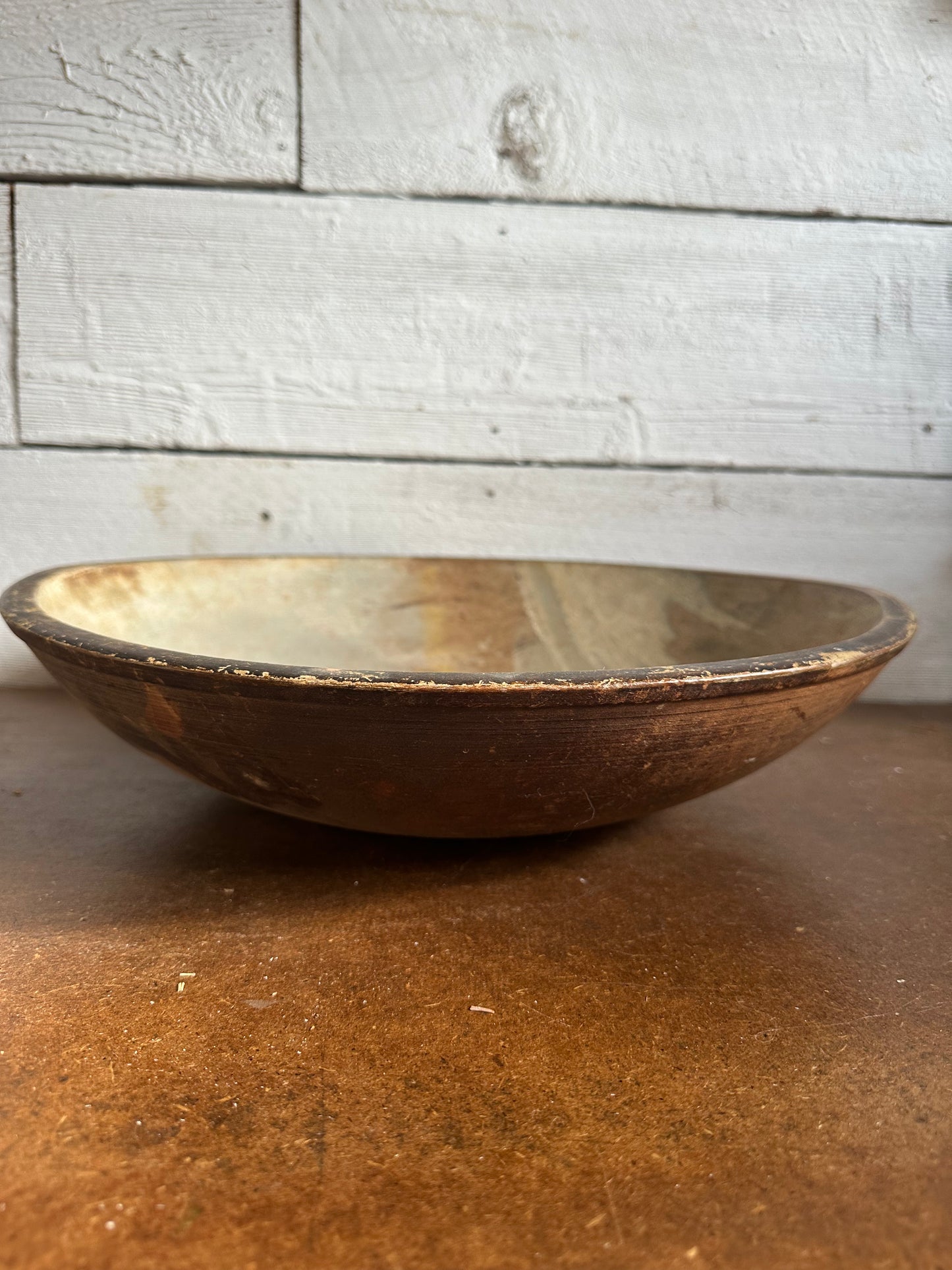 Old Wood Bowl with Painted Winter Scene